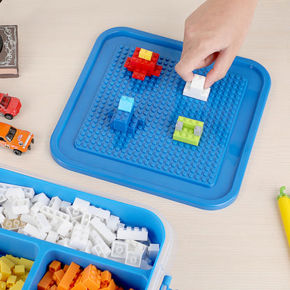 OGANAZI Plastic Storage Container with Bricks Baseplate Lid for Building Blocks, Bricks Building Set Organization Bin with Compartments Tray, Stackable Storage Box Building Block Chest Case (Blue)