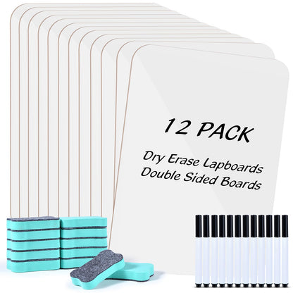 12 Pack Small White Board Dry Erase Boards Classroom Teachers Pack Mini White Boards 9" x12” Personal Whiteboards for School Students Supplies Lapboards l 12 Mini Erasers， 12 Makers Included (12)