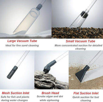 Aquarium Siphon Vacuum Cleaner Kit with Dual Vacuum Tubes, Brush Head, Turkey Baster and Fish Net, Gravel & Sand Cleaner, Aquarium Gravel Vacuum for Water Change and Debris Removal