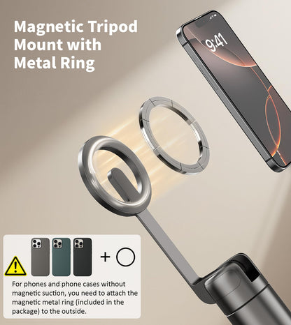 TONEOF 68" Magnetic Selfie Stick Tripod with Aluminum Strong Magnetic Holder for Magsafe, 360° Rotatable Travel Phone Tripod Stand with Metal Ring & Rechargeable Remote for iPhone/Android(Beige Gray)