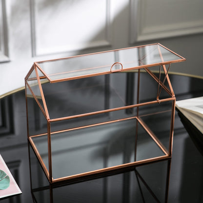 House Shape Close Glass Geometric Terrariumn Tabletop Succulent Plant Garden Geo Planter Moss Fern Swing Lid Reptile, Flower Pot for Plants Succulent, Air Plant (Rose Gold)