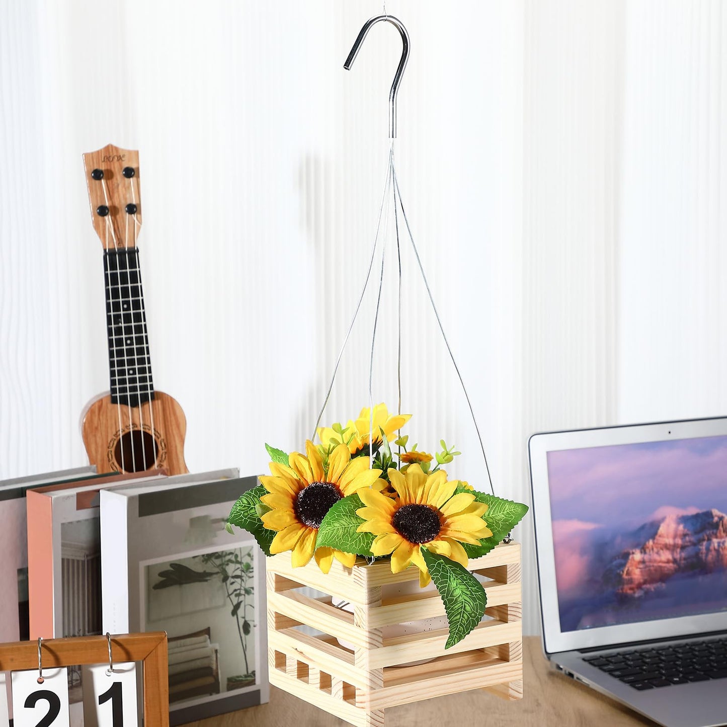 Briwooody 4 Pack Wooden Plant Hanger Set Including 6 Inch Strong Hanging Orchid Wooden Square Baskets and 24 Inch Wire Plant Hangers for Hanging Orchid Gardening Indoor Outdoor(Light Brown)