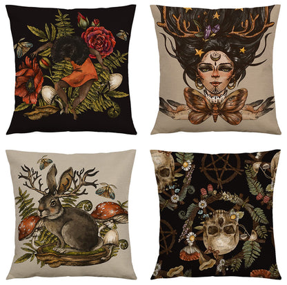 RinRinfam Mystery Witchy Decor Black Pillow Covers 18x18 Set of 4, Rose Skull Magic Girl Rabbit Mushroom Linen Pillow Cushion Cases, Farmhouse Home Decor