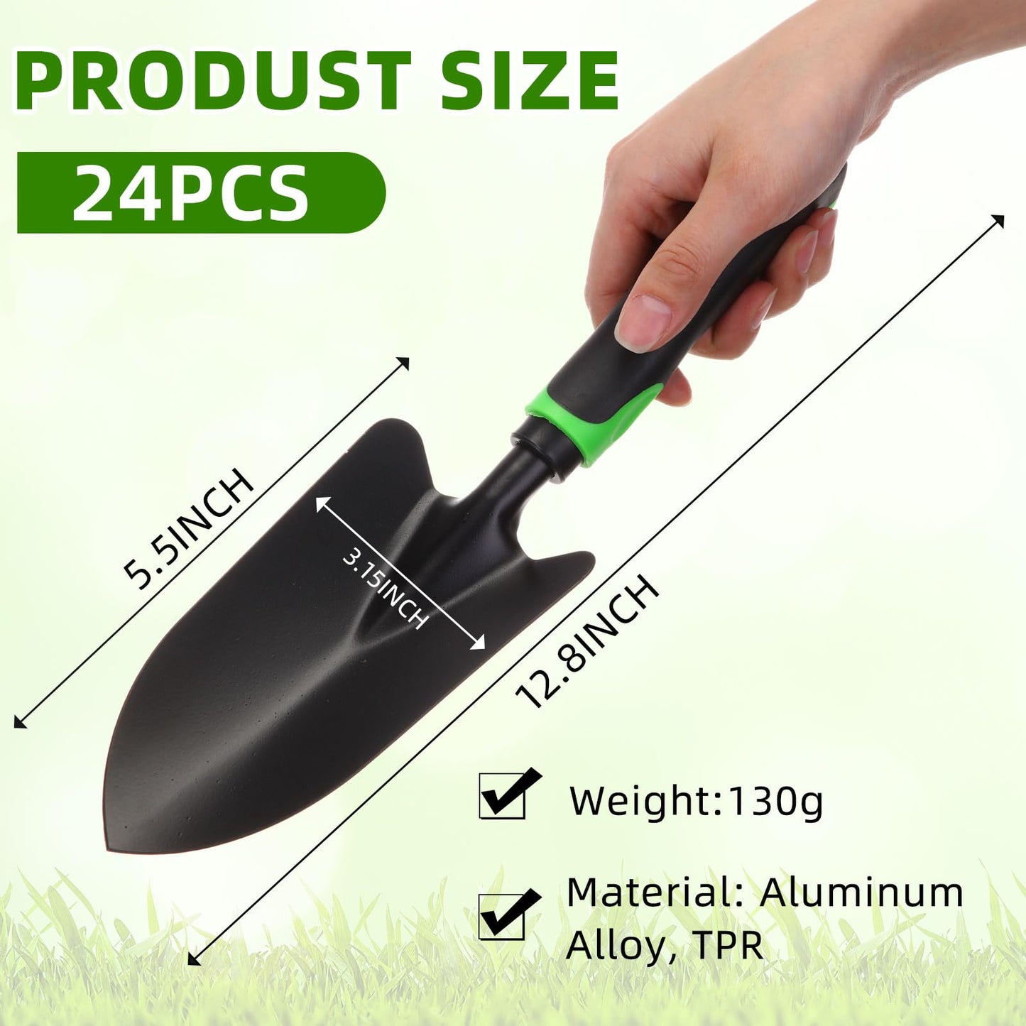 Yaocom 12 Pcs Garden Shovel Aluminum Alloy Heavy Duty Trowel Garden Tool Small Shovels for Digging Metal Hand Trowel Spade with Soft TPR Handle for Lawn Yard Farm Home Shop Planting (Green Black)