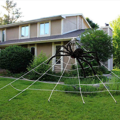 UMEELR Halloween Decorations Outdoor, 200" Web & 50" Giant Spider, Scary Fake Spider with Triangular Huge Web for Yard Lawn Haunted House Decor