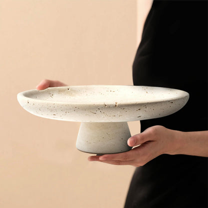 seicasaya 10 Inch Natural Travertine Fruit Bowl, Pedestal Stand Decorative Stone Bowl with Matte Finish for Table or Kitchen Countertop (Yellow Cave Stone)