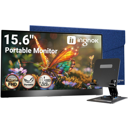 Ingnok Portable Monitor, Ultra Slim 15.6 Inch FHD IPS Laptop Screen Extender with Adjustable Stand, USB C Compatible, Ideal for Travel and Office
