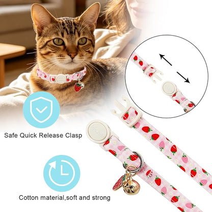 2 Pack Pink Cat Collars - Spring Summer Strawberry Breakaway Cat Collar with Bell, Adjustable Cute Pink Striped Kitten Collars for Girl Cats, 7-12 Inch