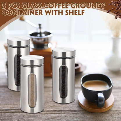 Suclain Stainless Steel Coffee Grounds Canisters with Shelf 3 x 50oz Sugar Coffee Bean Storage Container with Airtight Threaded Lid Glass Window Scoop Kitchen Jar Set for Bar Creamer Nut Tea