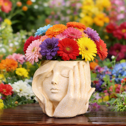 YOYLMAL Hand Holding Face Planter Pot, 5.1” Resin Women's Head Succulent Planter for Indoor Outdoor Plants, Unique Flower Pot with Drainage Hole, Gifts for Women Mom