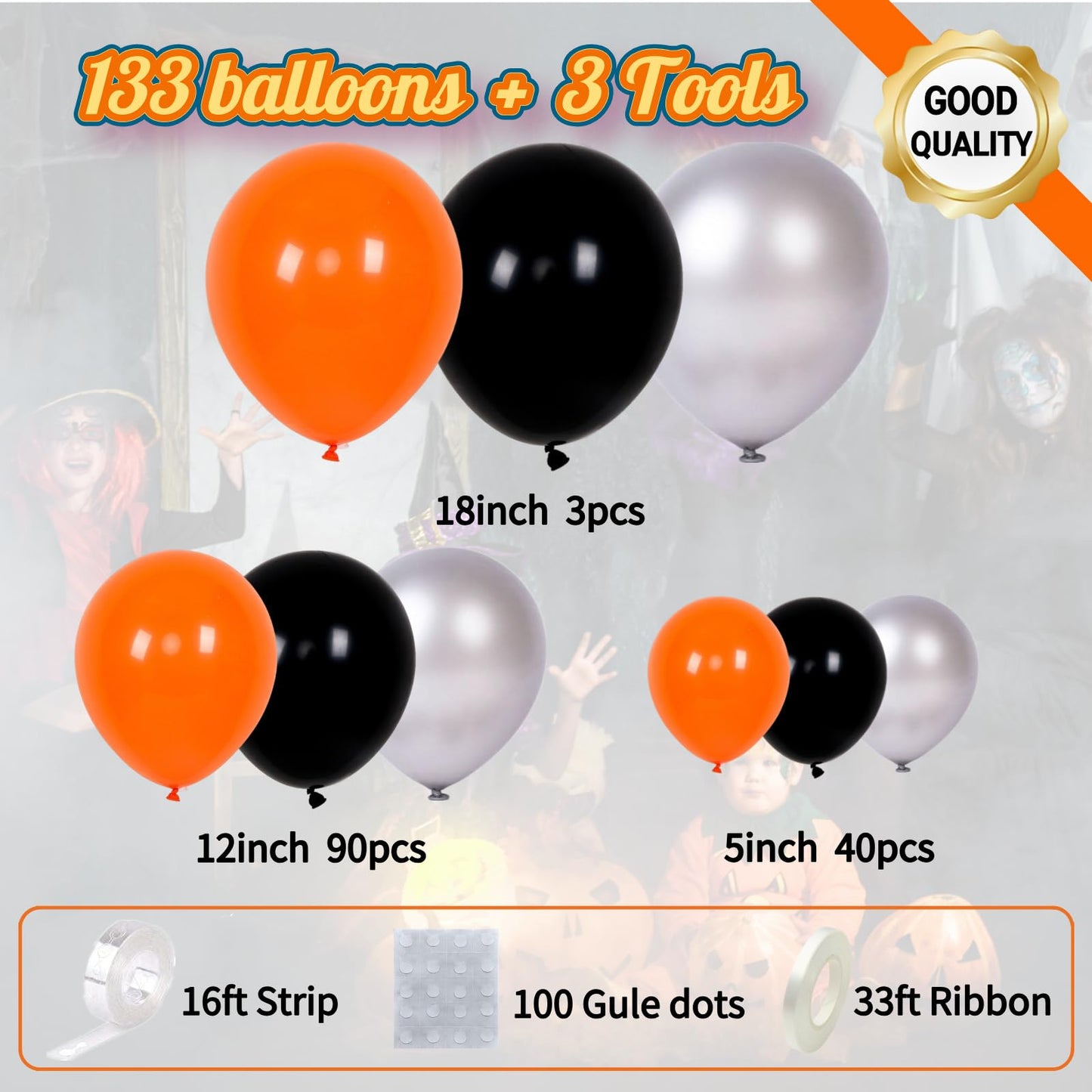 133pcs Orange Black Silver Balloons Garland for Halloween Decorations, Graduation, Basketball Theme Decorations, Party Backdrop, Birthday, Haunted House, Trick or Treat Party Supplies