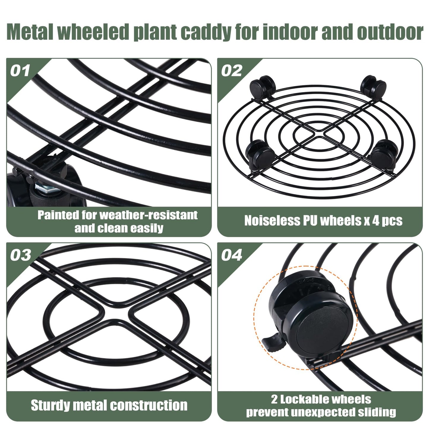 6 Packs 13 Inches Large Metal Plant Caddy with Wheels Rolling Plant Stands Heavy-duty Wrought Iron Plant Roller Base Pot Movers Plant Saucer on Wheels Indoor Outdoor Plant Dolly with Casters Planter Tray