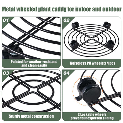 6 Packs 13 Inches Large Metal Plant Caddy with Wheels Rolling Plant Stands Heavy-duty Wrought Iron Plant Roller Base Pot Movers Plant Saucer on Wheels Indoor Outdoor Plant Dolly with Casters Planter Tray