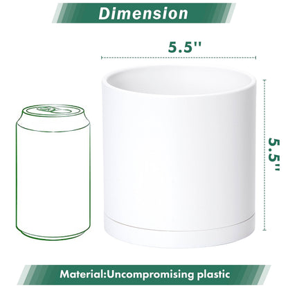 D'vine Dev 2 Pack 5.5 Inch Modern Plastic Plant Pots, Small Garden Planters for Plant with Drainage Holes and Saucers, White Color, 74-Z-H-1