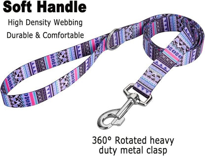 MarukoPet Dog Collar and Leash Set, Adjustable for Small Medium Large Dogs Puppy, Cute Design with Bohemia Floral Tribal Geometric Patterns Boys Girls Dog Collar(Purple Bohemia Set,L)
