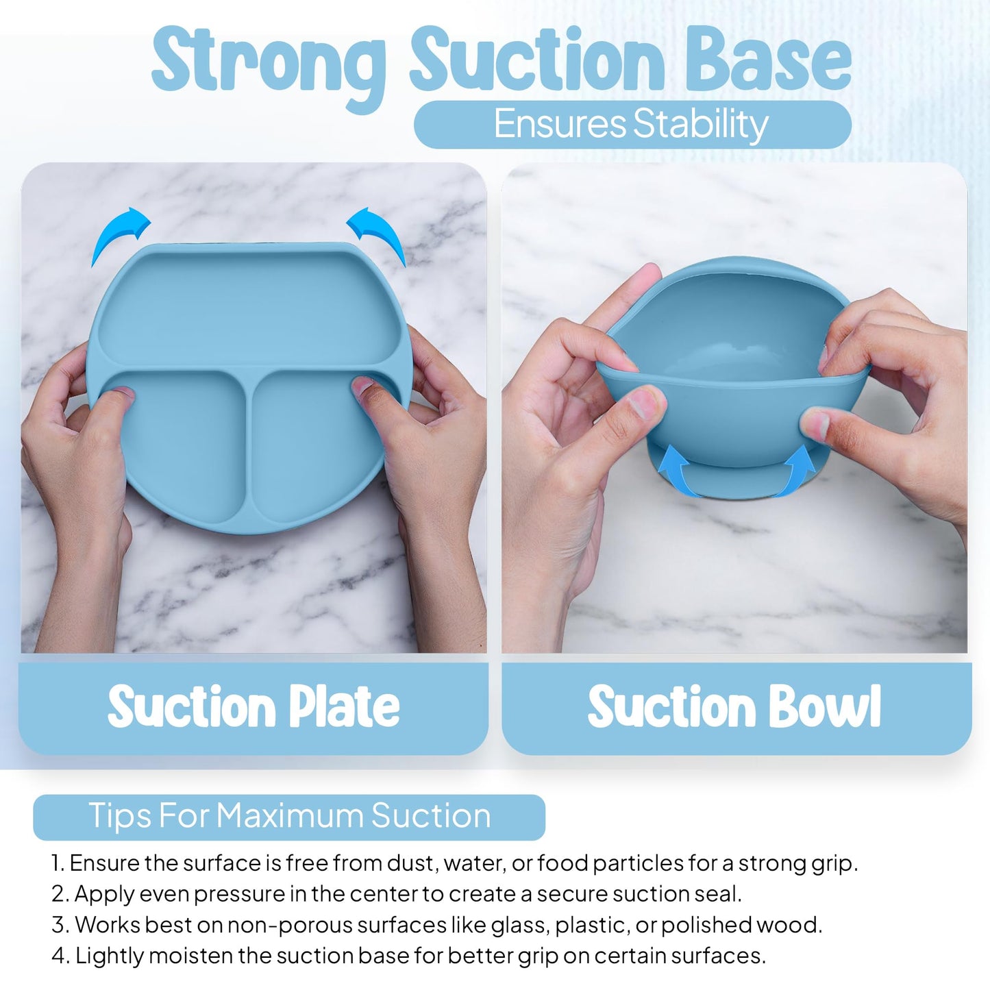 O'doe 17-Piece BPA-Free Silicone Baby Feeding Set | Thick & Soft Suction Plates, Baby Bowls, Wooden Fork & Spoon, and More | Make Mealtime Fun and Easy for Your Little One (Blue, V2)