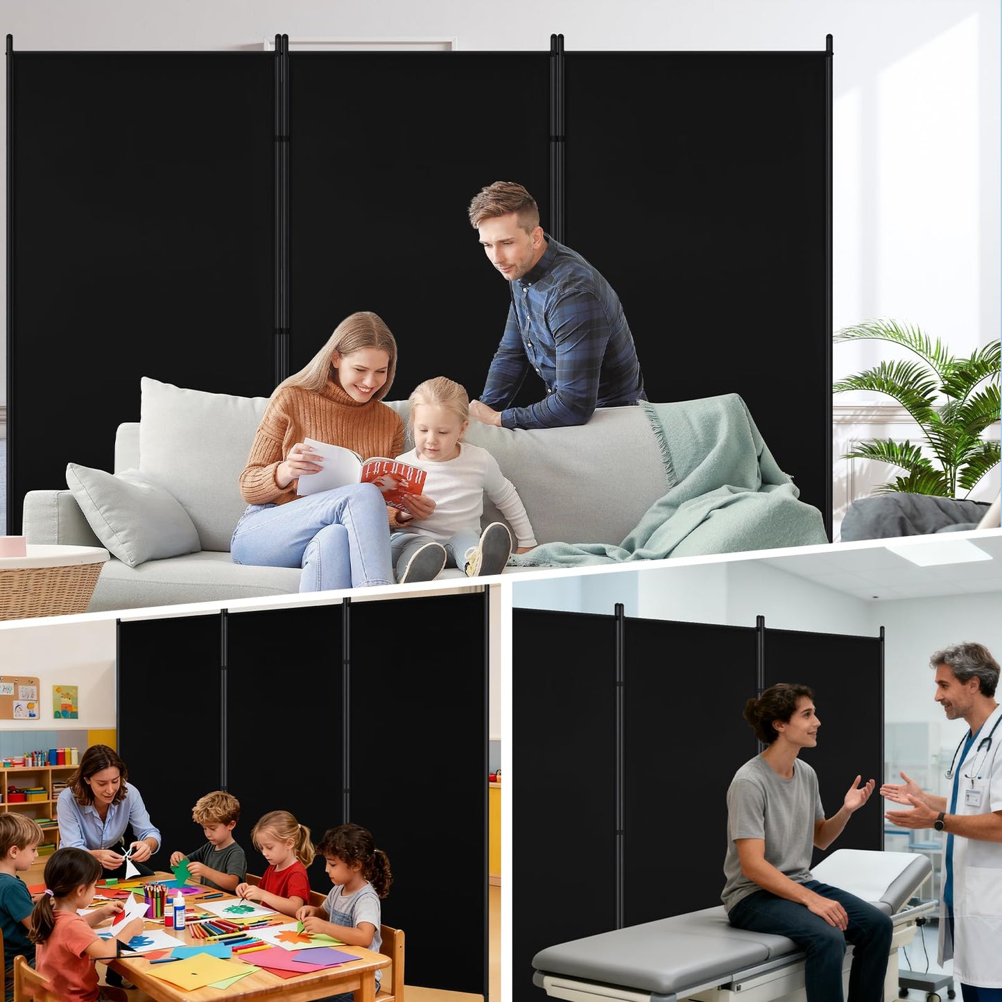 AKTOP 3 Panel Room Divider 6FT – 103" W x 70" H Folding Privacy Screen, Freestanding Fabric Room Partition, No-Drill Temporary Wall Divider for Apartment, Dorm, Studio, Home Office, Bedroom – Black