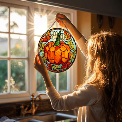 Autumn Pumpkin Stained Glass Window Hanging, Fall Harvest Suncatcher with Leaves & Flowers, Thanksgiving and Halloween Window Decor for Home & Kitchen