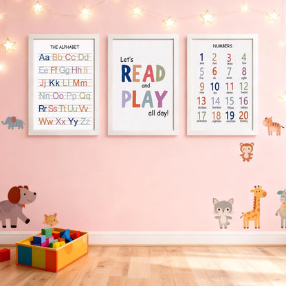 Cute Alphabet Numbers Framed Wall Art Set of 3, Boho Educational ABC Poster Wooden Sign for Baby Girl Kid Boy Toddlers, Neutral Preschool English Letters Nursery Decor for Homeschool Playroom Daycare