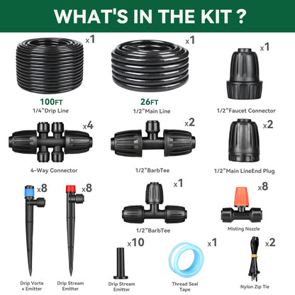 Drip Irrigation System for Garden, 2026-Upgraded Quick Connect Garden Watering Kit All-in-One with 1/2 inch 1/4 inch Irrigation Tubing for Garden, Lawn, Greenhouse, Raised Beds (126FT)