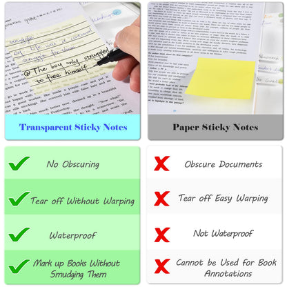 BAYTORY 1600 Sheets Transparent Sticky Notes with Lined, Clear Waterproof 3 x 3 inch See Through Memo Pad, Self-Adhesive Translucent Writable Index Tabs for Annotating Books