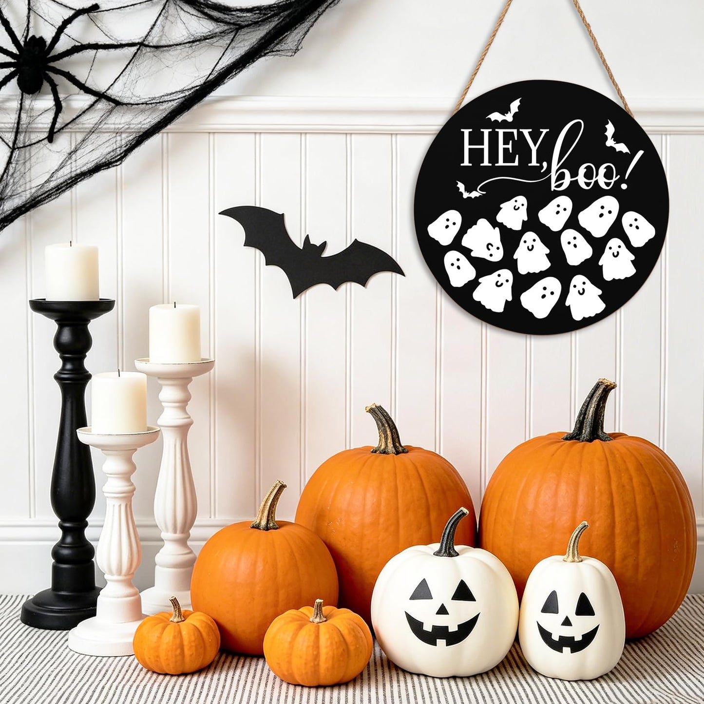 Hey Boo Sign 12x12 Inch Halloween Wreaths for Front Door Halloween Ghost Wood Door Hanger Black Boo Sign Farmhouse Holiday Decorations Wall Hanging Plaque for Trick or Treat Party Inside Outside