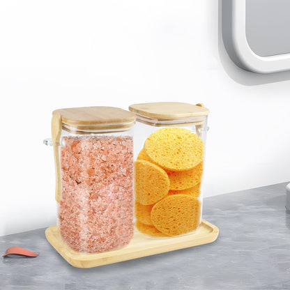 Glass Bath Salt Jars,40oz Bath Salt Container with Scoop and Airtight Lid,Clear Bathroom Salts Cellar Set for Jars with Tray,Labels and white Markers,Bathroom Decor Bathtub Accessories for Women