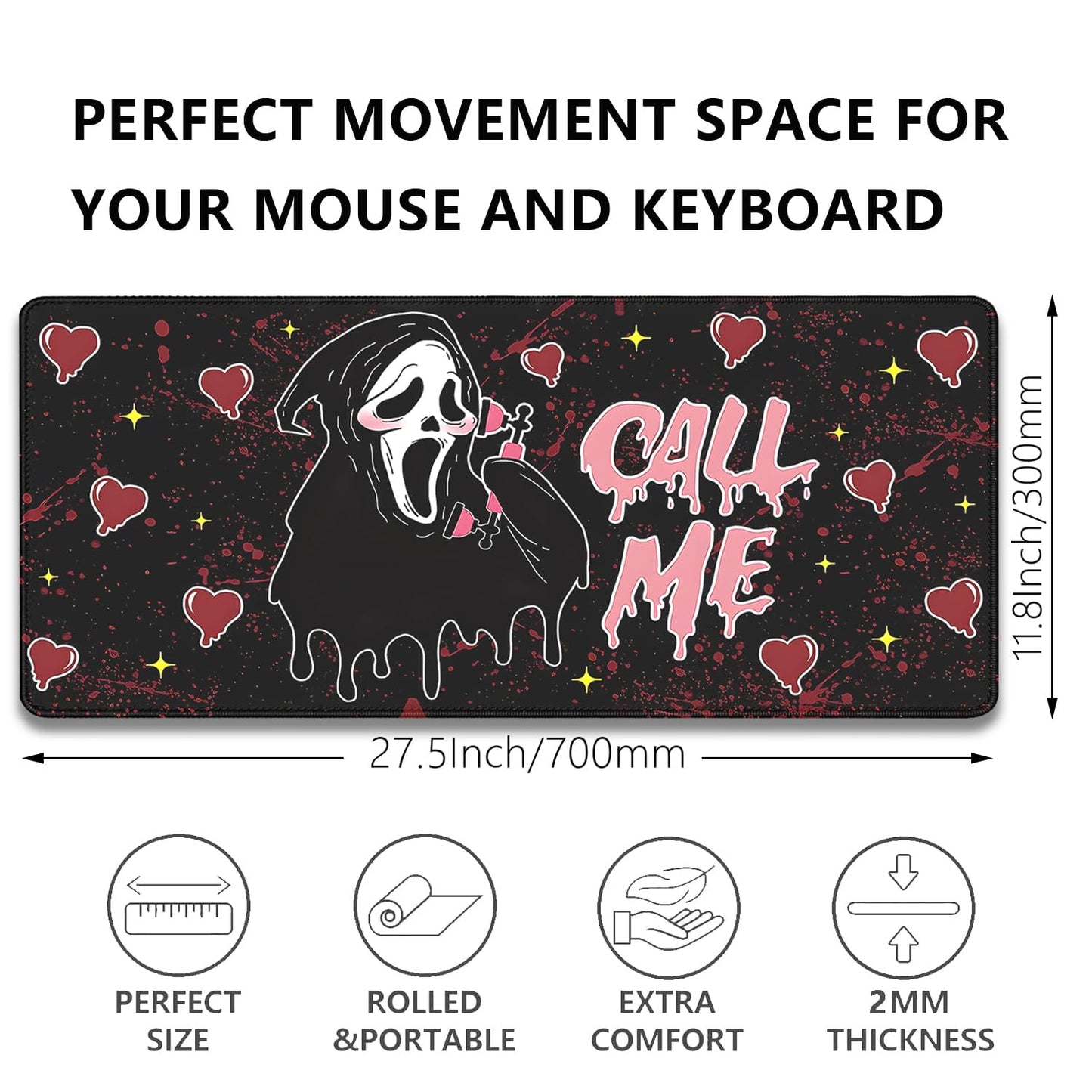 Call Me Mouse Pad Ghostface Desk Pat,Mouse Mat Large Desk Mat for Desktop,Stitched Edges Non-Slip Waterproof Rubber Base Mous Mat for Office Computer Keyboard Laptop and Home(27.5X11.8 in)