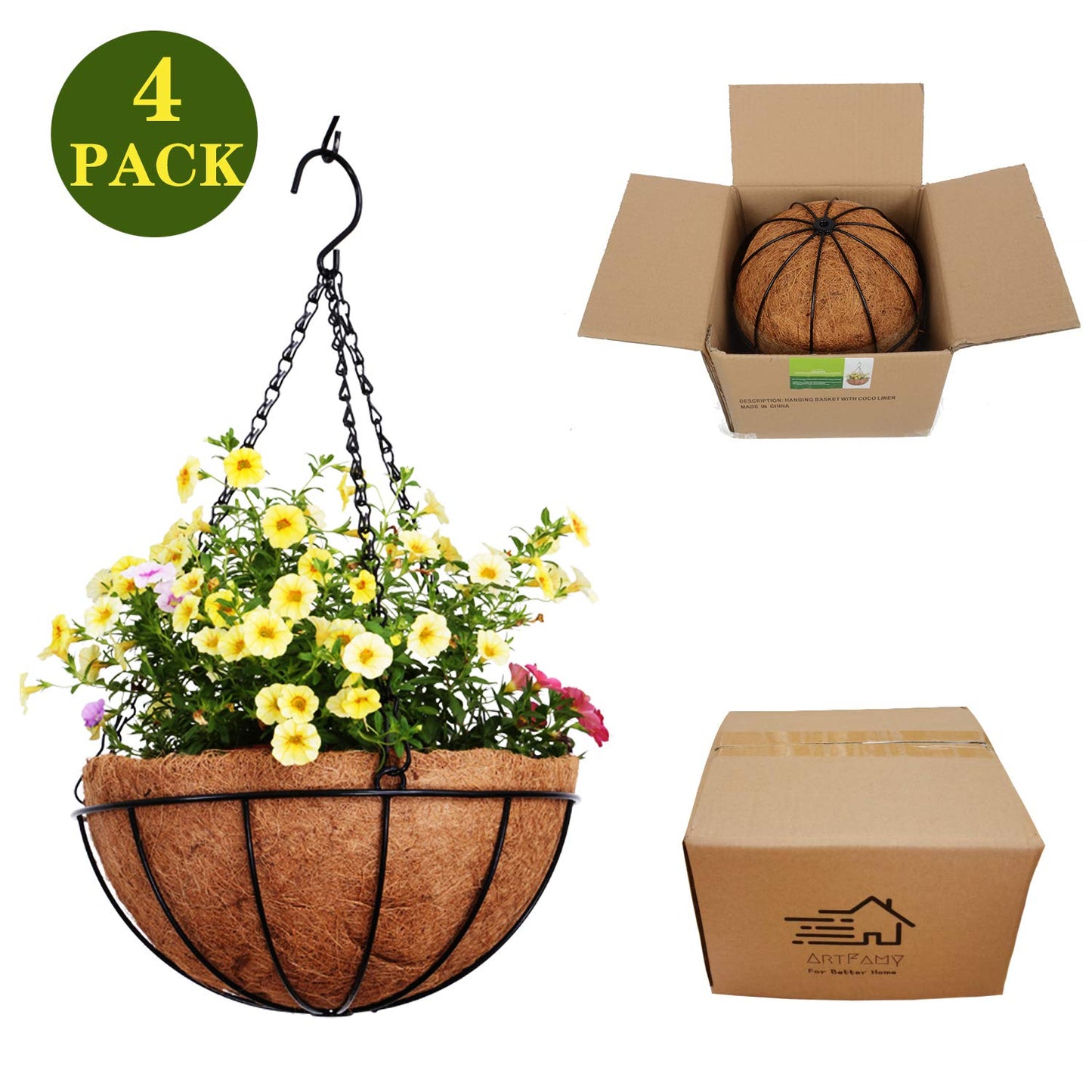 ArtFamy 4 Pack 10 inch Metal Hanging Planters Basket with Coco Coir Liner Outdoor-Hanging Baskets for Plants Outdoor,Metal Wire Baskets with Window Box Planters, Hanging Flower Pots for Railings