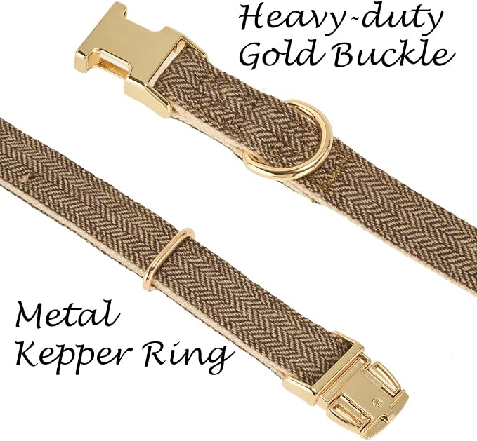 Luxury Soft Cotton Tweed Fabric Dog Collar & Leash Set with Gold Buckle – Durable Fabric, Stylish Design for Everyday Walks(Medium Coffee)