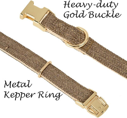 Luxury Soft Cotton Tweed Fabric Dog Collar & Leash Set with Gold Buckle – Durable Fabric, Stylish Design for Everyday Walks(Large Coffee)