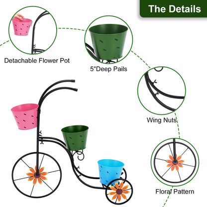 BAYN Bicycle Planter Stand, Metal Flower Pot Cart Holder with 3 Plant Bucket Outdoor Decorative for Patio, Deck, Garden or Lawn
