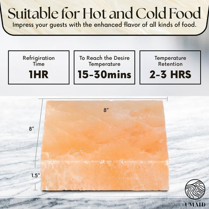 UMAID Himalayan Salt Block Cooking Plate 8x8x1.5 – Food Grade Pink Himalayan Salt Stone for Cooking, Salt Block for Grilling, Serving & Cutting – Includes Steel Tray & Grilling Recipe Booklet – Unique Gifts for Men & Dad Gifts for Fathers Day