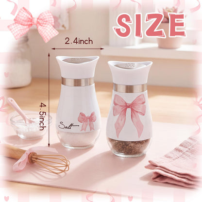 Bokon 2 Pack Pink Bow Salt and Pepper Shakers Set, Coquette Stainless Steel Containers with Glass Bottom for Kitchen Accessories, Home Decorations, Cooking, BBQ, Camp, Beach, Bar, Idea