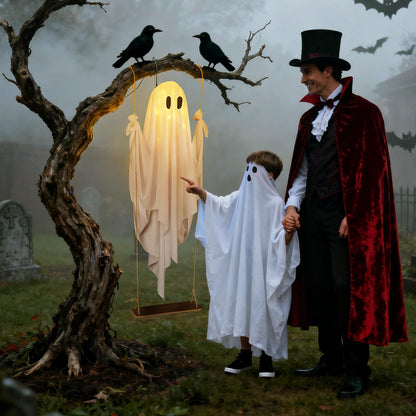Yywsya Halloween Decorations Outdoor Large Hanging Swing Ghost with String Lights Remote Control Halloween Swinging Ghost Decor for Tree Porch Yard Garden Lawn