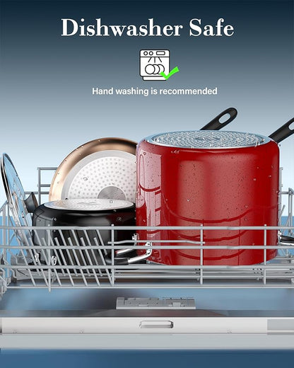 Cook N Home Professional 8 Quart Non Stick Stock Pot with Lid, Riveted Handles, Big Soup Pot for Holiday Feasts, Stockpot with Even Heating, Induction Cookware, Oven & Dishwasher Safe, Marble Red