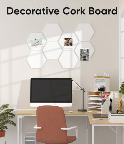 Toptople 12 Inch Large Hexagon Cork Board for Walls, 8 Pack Felt Bulletin Board Tiles, Pin Board with Push Pins for Office Photo and Note, White
