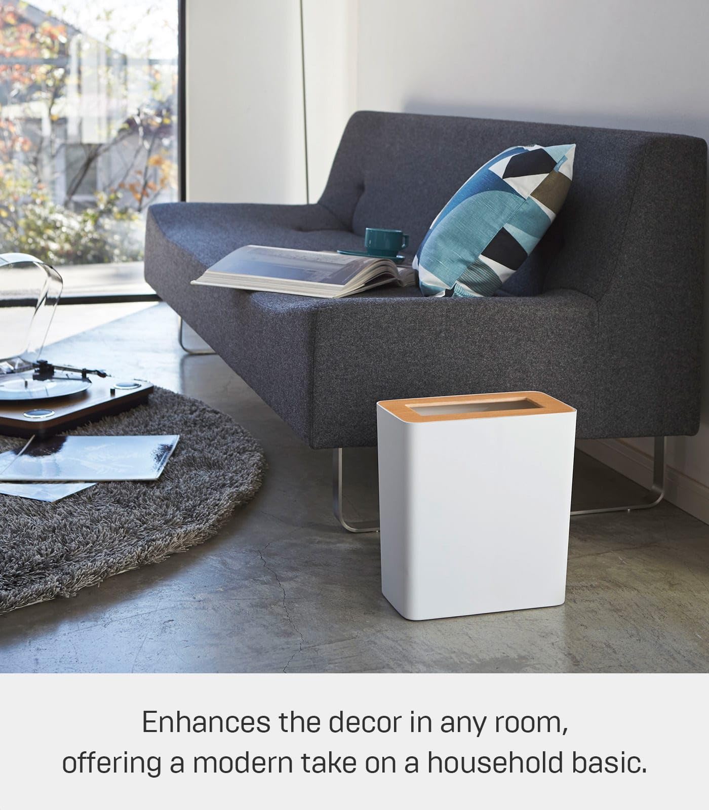 YAMAZAKI Home Rin Trash Can - Small Modern Home Wastebasket for Bathroom Kitchen Office - Steel + Wood