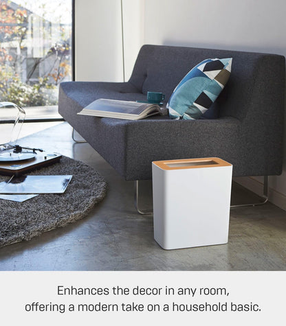 YAMAZAKI Home Rin Trash Can - Small Modern Home Wastebasket for Bathroom Kitchen Office - Steel + Wood