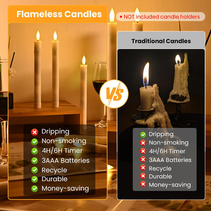 JOSU LED Flameless Taper Candles with Remote Timer, 6 Pcs Ivory Fake Candlesticks Battery Operated 3D Flickering, Realistic Electric Candles Warmer Lamp Light for Wedding Party Home Decor, 0.78"x8.86"