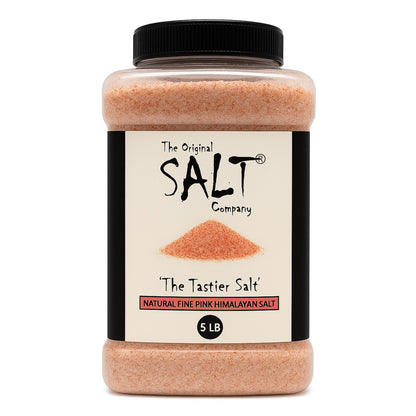 The Original Salt Company Pink Himalayan Salt, 5 LB Food-Grade Plastic Container 100% organic, kosher, fine grain, and gluten-free. Perfect for cooking, seasoning, and enhancing dishes with its mild, mineral-rich flavor.