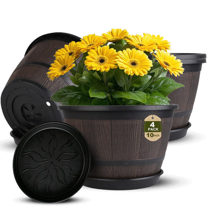 Myfeegoin 10-inch-Pots-for-Plant-Outdoor, 4 Pack Plastic Whiskey Barrel Planters Plant Pots with Drainage Hole & Saucer, Decorative Indoor Flower Pot for House Garden Porch