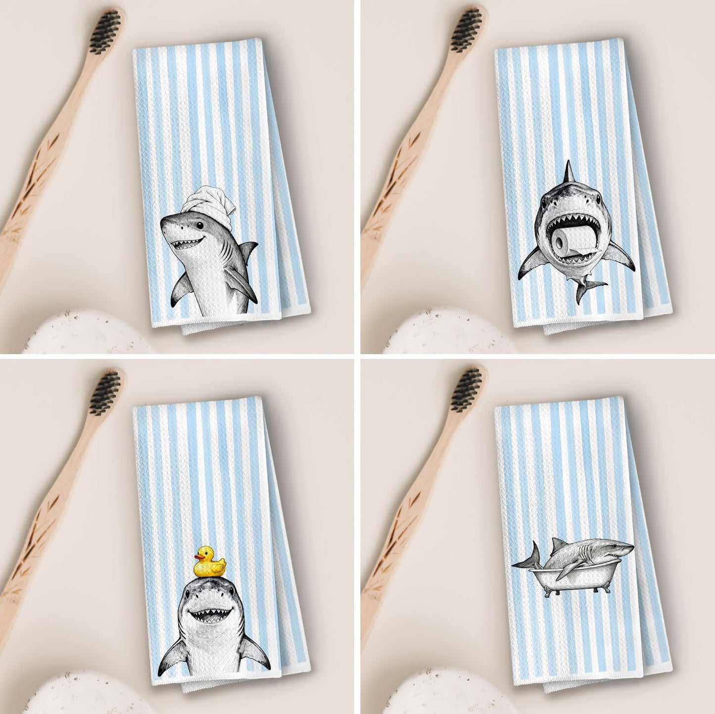 XIVENHAVM Funny Shark Bathroom Decor Set - Wild Animal Decorative Waffle Hand Towels, Shark Gifts Hand Towes for Kid Bathroom Washroom, 16x24 Inch Set of 4