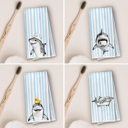 XIVENHAVM Funny Shark Bathroom Decor Set - Wild Animal Decorative Waffle Hand Towels, Shark Gifts Hand Towes for Kid Bathroom Washroom, 16x24 Inch Set of 4
