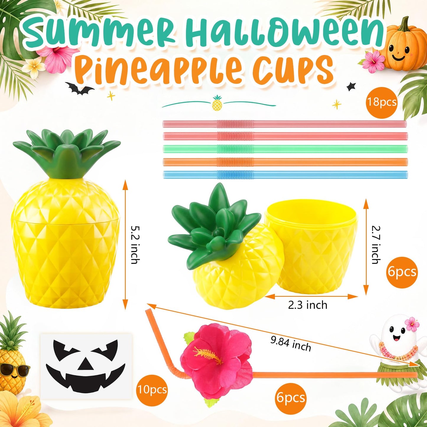 Yungyan 6 Sets Summer Halloween Pineapple Cups Drink Bottles with Ghost Facial Stickers & Straws for Summer Halloween Party Supplies Hawaiia Themed Hallows' Eve Ghost Tropical Favors Decorations