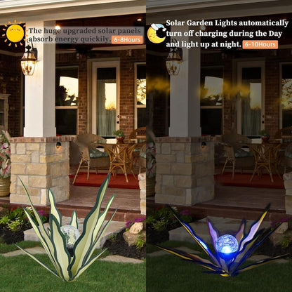 LCJECV Metal Agave Plant Garden Art, 2 Pack Tequila Rustic Sculpture, Rustic Metal Agave Plants Garden Lawn Home Ornaments, for Yard Stakes, Garden Figurines, Outdoor Patio (2 PCS Green with Light)