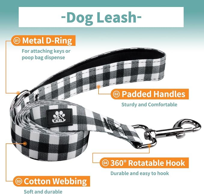 IVY&LANE Dog Collar with Bowtie and Leash Set | Plaid Adjustable Dog Collar | Detachable Bow Tie |5 FT Dog Leash | for Small Medium Large Dogs | Checkered Black | Medium