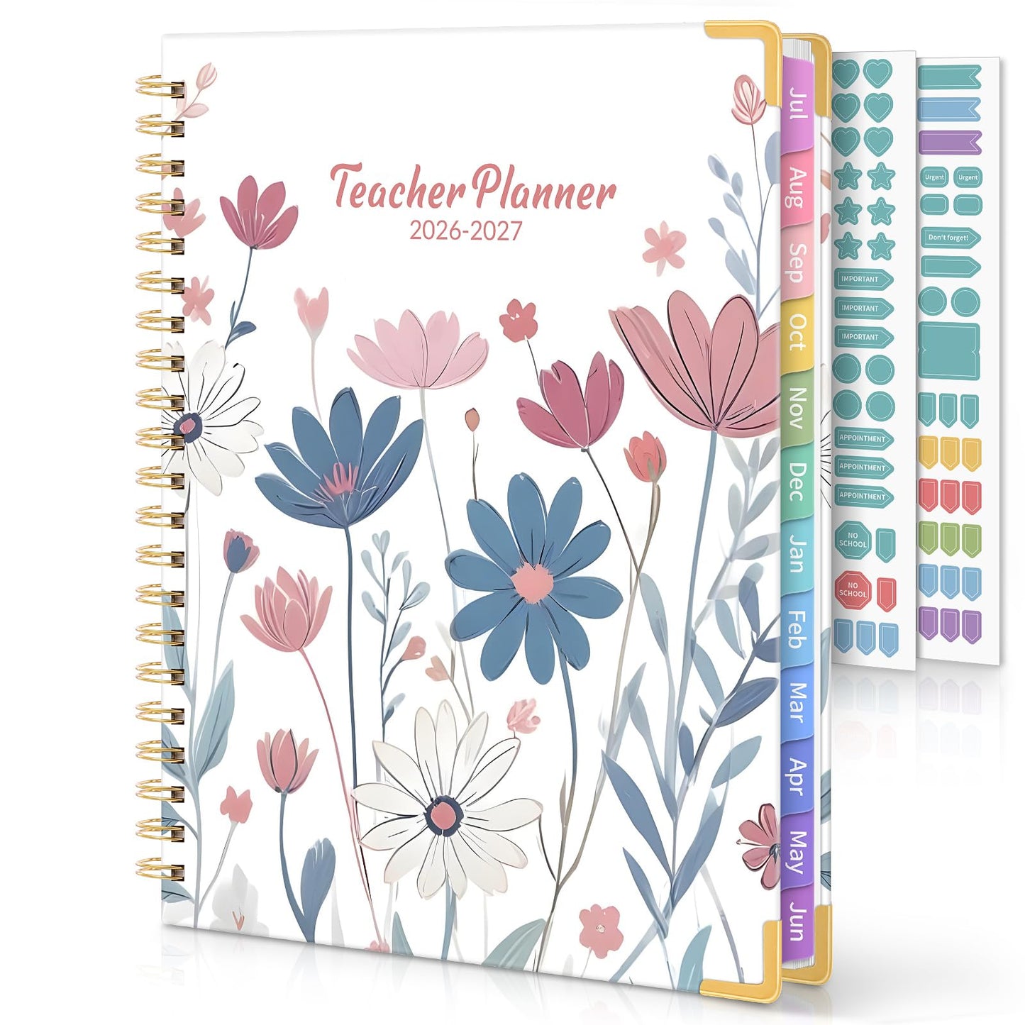 SKYDUE Teacher Planner 2026-2027 Academic Year, 8.5" x 11" Deluxe Teacher Lesson Planner with Monthly Tabs & Stickers, Lesson Plan Book 26-27, FloralB