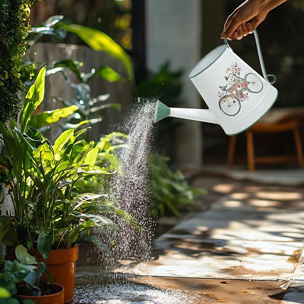 Zokyntrix Small Watering Can for Indoor Plants Garden Metal Decorative Watering Can Outdoor Bonsai Balcony Courtyard Garden Flower Decorative, 1.5L, 50.7 Oz (White Green)