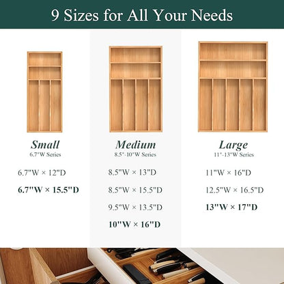 Silverware Organizer, Bamboo Kitchen Drawer Organizer, Utensil Holder, Cutlery Tray & Spoon Flatware Storage with Grooved Drawer Dividers (10''W x 16''D)